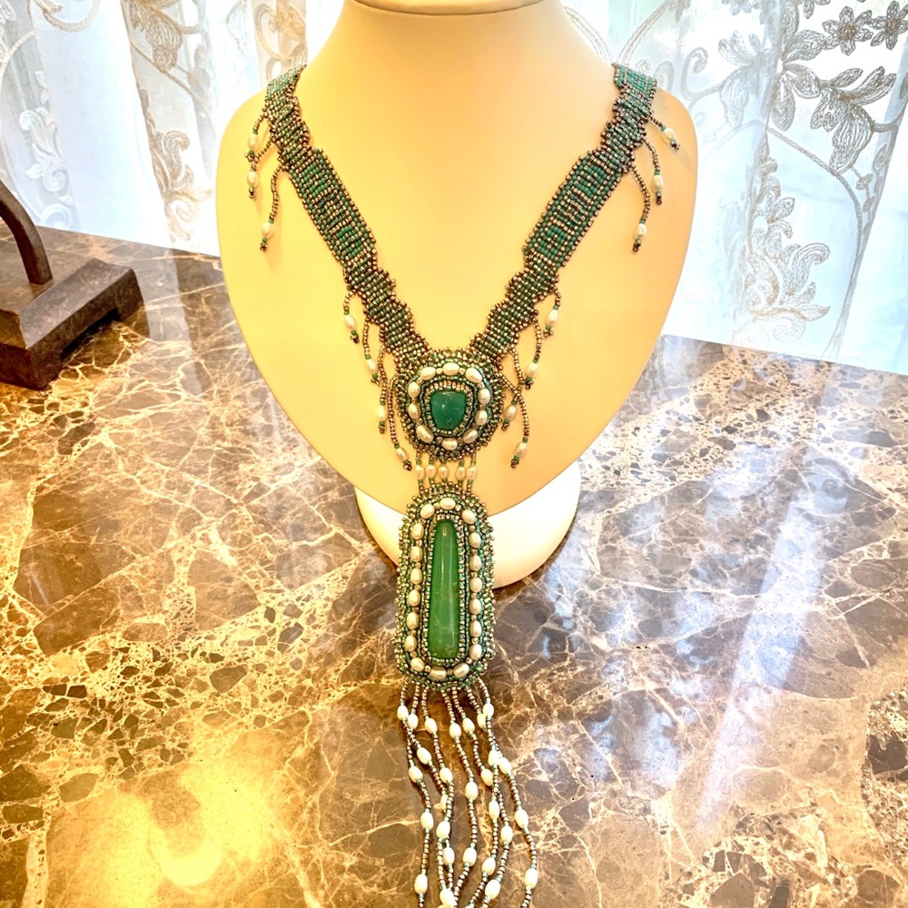 Turquoise, Deerskin, Seed Bead Necklace Made in US